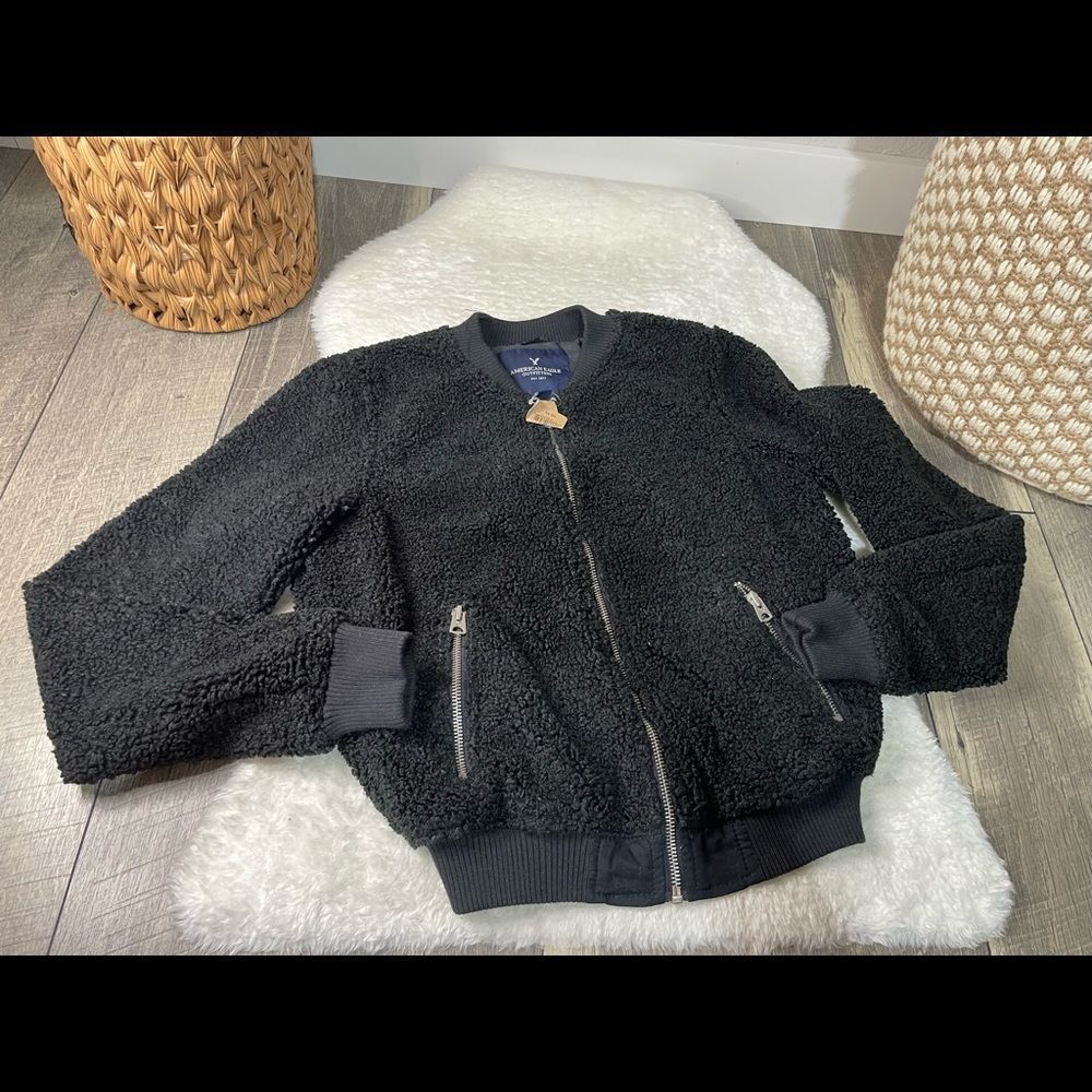 American Eagle Outfitters Black Sherpa Bomber Jacket